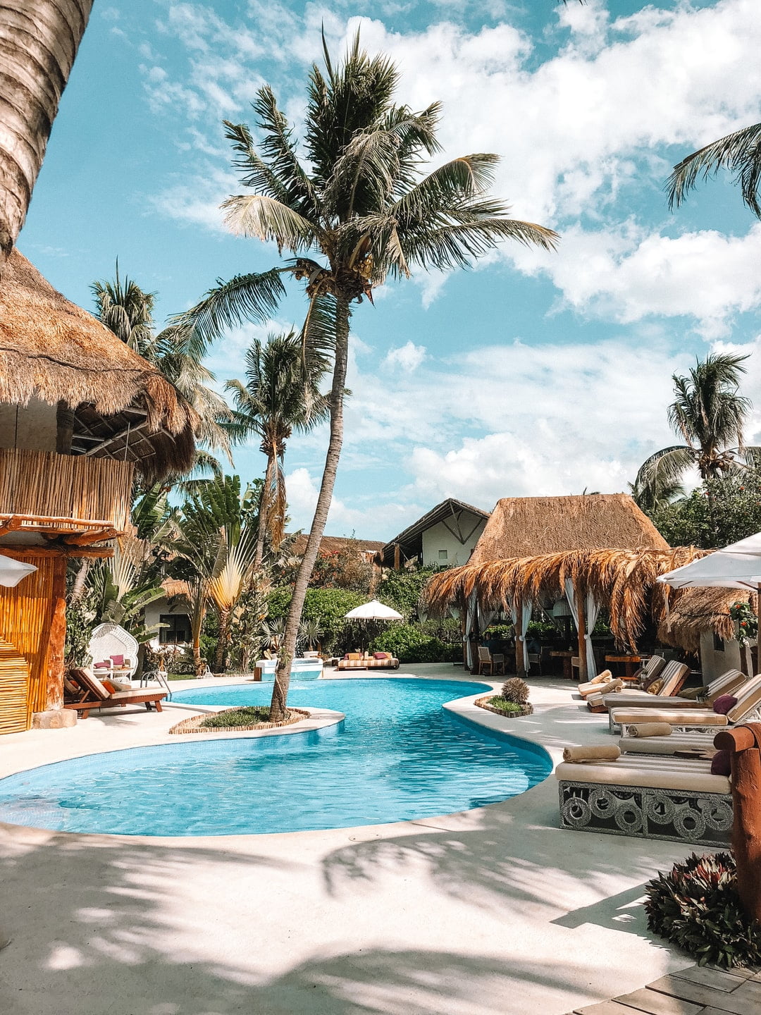 thatch huts and houses by the pool during day